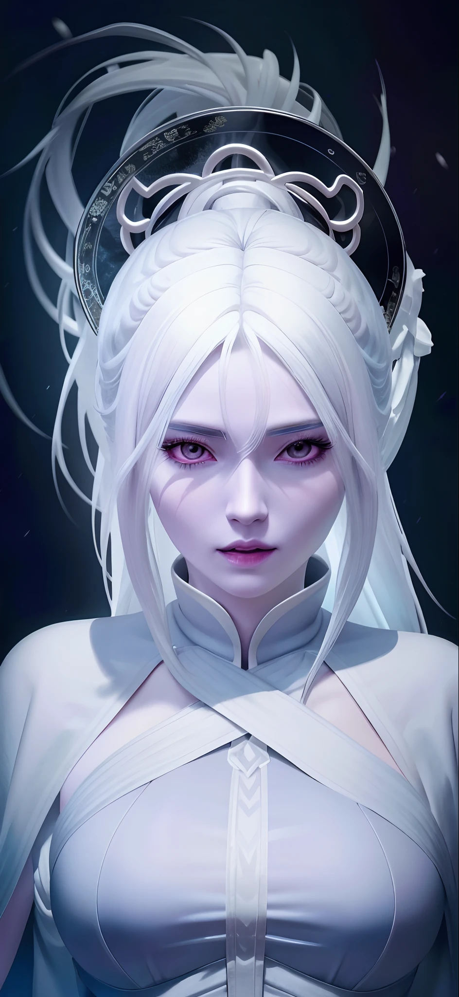 there is a woman with a white hair and a white dress, hyperdetailed fantasy character, loong, white-hair pretty face, 8k portrait render, close up character, inspired by Leng Mei, inspired by Li Mei-shu, pale milky white porcelain skin, 3 d anime realistic, 8k highly detailed face, with very highly detailed face