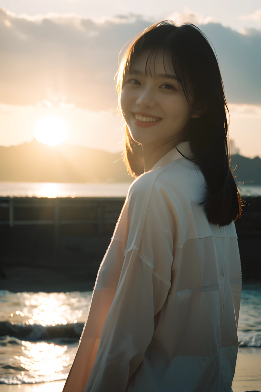 Best quality,Masterpiece,超高分辨率,(Realisticity:1.4),Original photo,Cinematic lighting,
1girll,Smile,back lit lighting,Ocean,