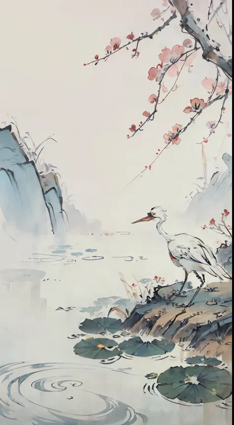 White crane painting in lotus pond, Chinese brush illustration, Chinese painting style, Chinese traditional painting, Chinese tr...