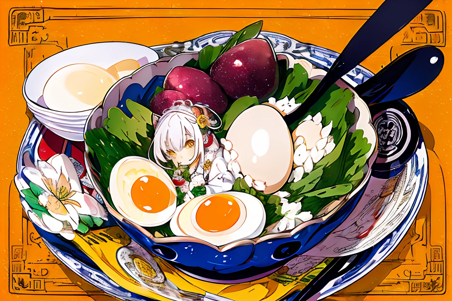 (​masterpiece、top-quality、top-quality、Official Art、Beautifully Aesthetic:1.2)、
1girl in, komono, 独奏, white  hair, food, eggs, yellow  eyes, beholder, bowl, eats, Chibi, gloves, meter, foods,
Highly detailed and colorful、(dynamicposes)、