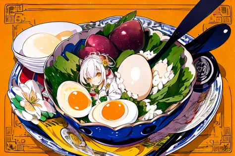 (​masterpiece、top-quality、top-quality、official art、beautifully aesthetic:1.2)、
1girl in, komono, 独奏, white  hair, food, eggs, ye...