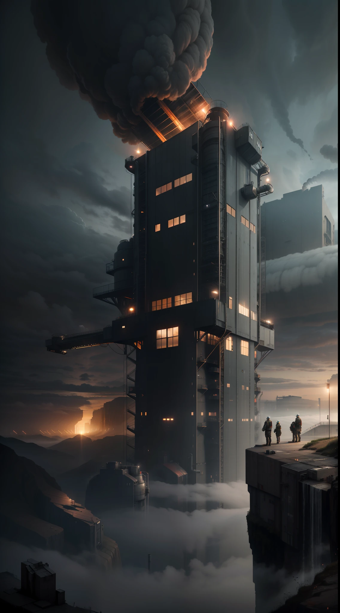 A giant factory on the edge of a cliff，dark horror，Heavy industrial style，in a panoramic view，The sky is overcast，In the distance is a dark fog，Refinement，hyper HD，Works of masters