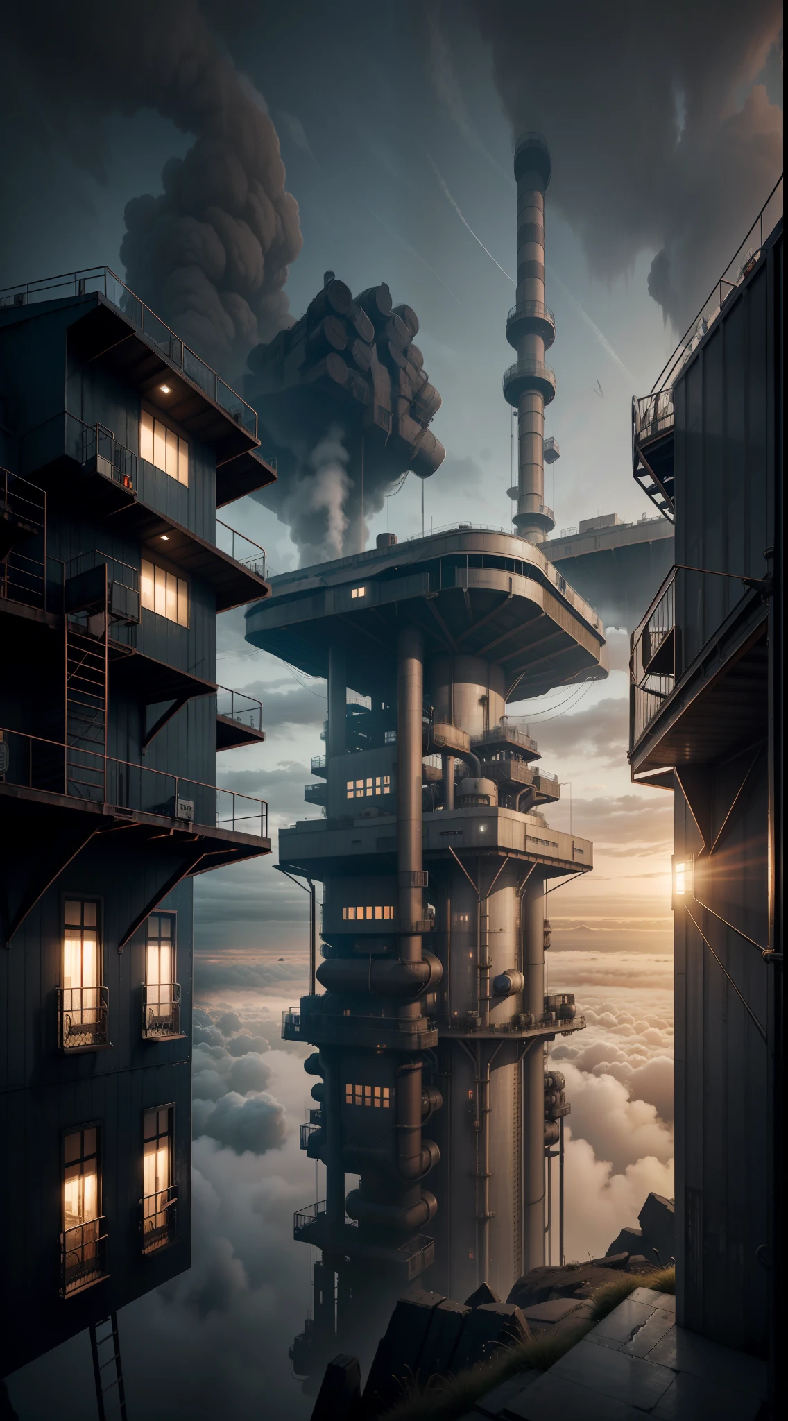 A giant factory on the edge of a cliff，dark horror，Heavy industrial style，in a panoramic view，The sky is overcast，In the distance is a dark fog，Refinement，hyper HD，Works of masters