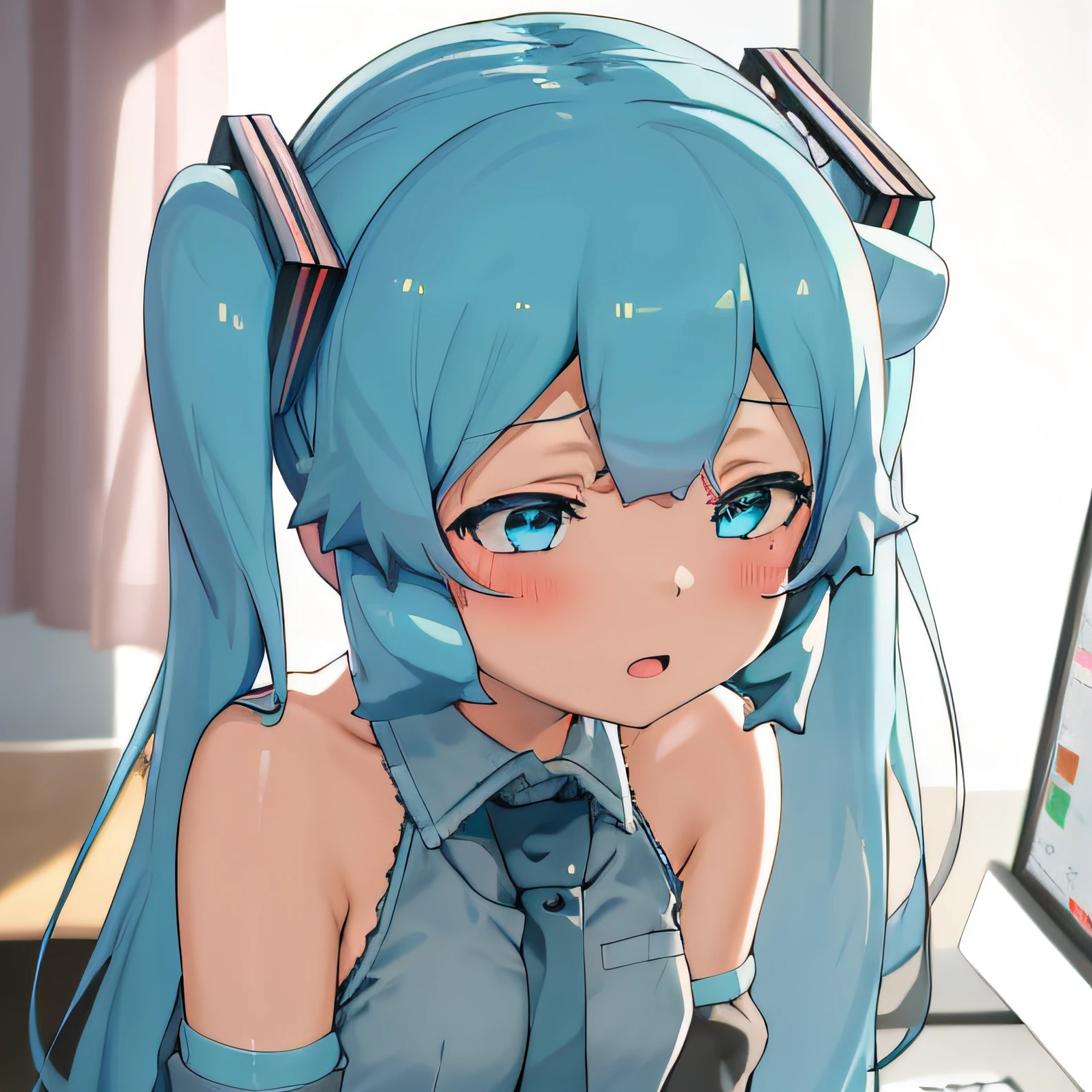 Meisterwerk, best_Qualität, 1 Mädchen, Allein, Abonnieren, hatsune miku, unten, Schreibtisch, Computer