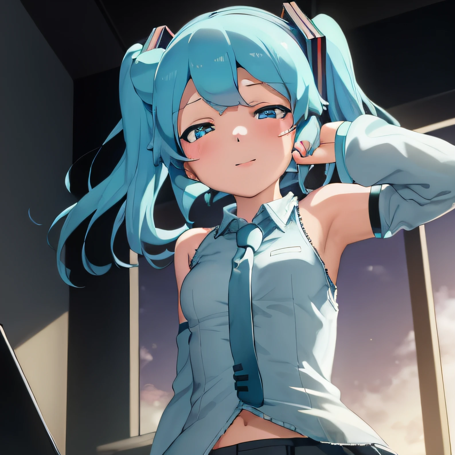 chef-d&#39;œuvre, meilleur_qualité, 1fille, seulement, abmayo, Hatsune Miku, bas, bureau, ordinateur