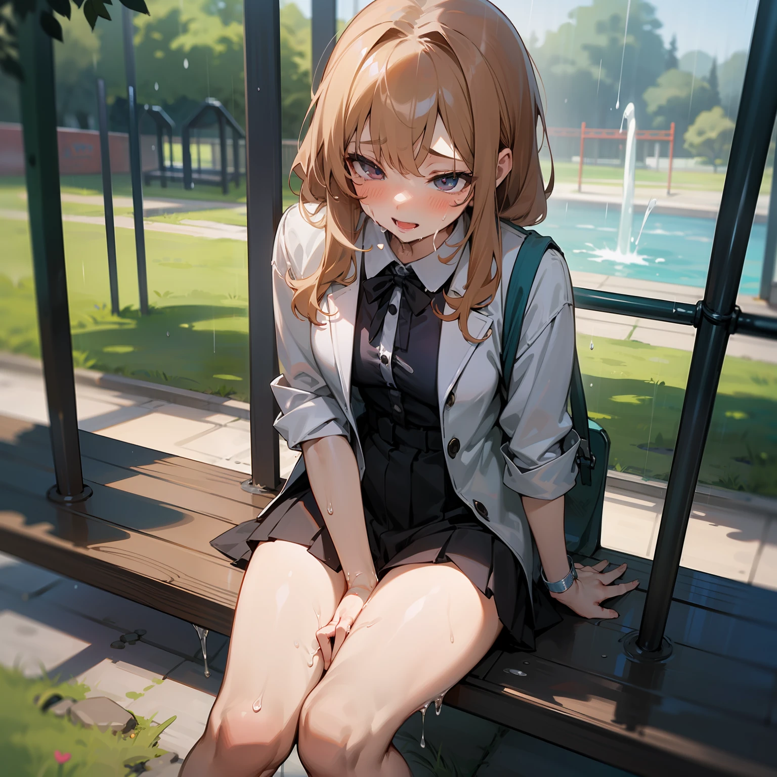 Anime girl sitting on a bench in a park with a fountain in the background -  SeaArt AI