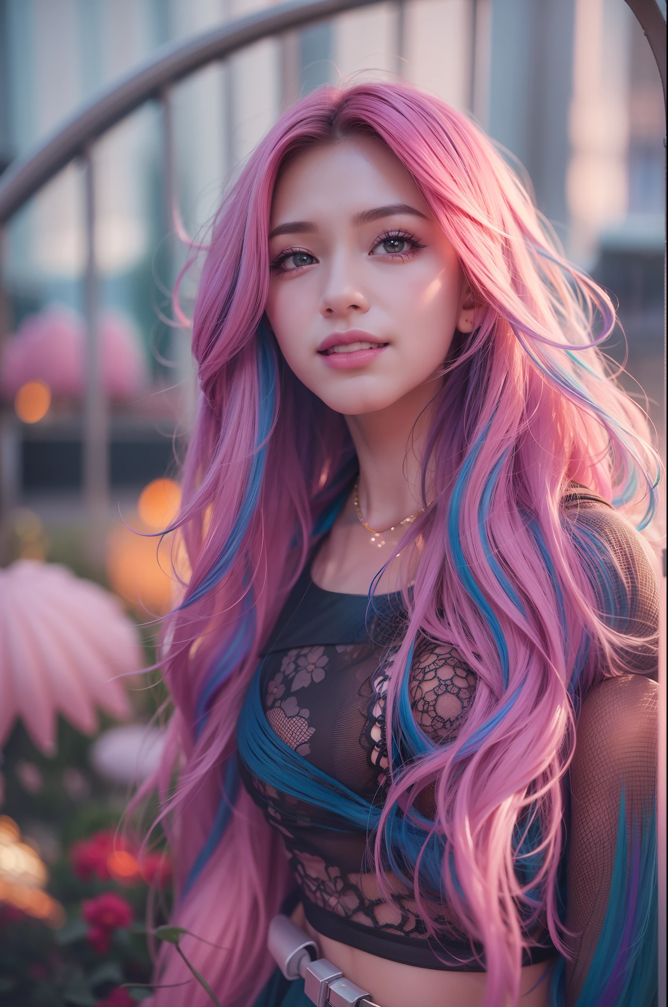 one-girl, long eyelasher, Smile， Rainbow hair ，Cinematic texture, Sexy and stylish to wear, 8K, Best quality, hyper HD, Authentic skin texture, long and flowing hair，long slim figure，s delicate face，fully body photo，Background bokeh，exteriors，trpical garden