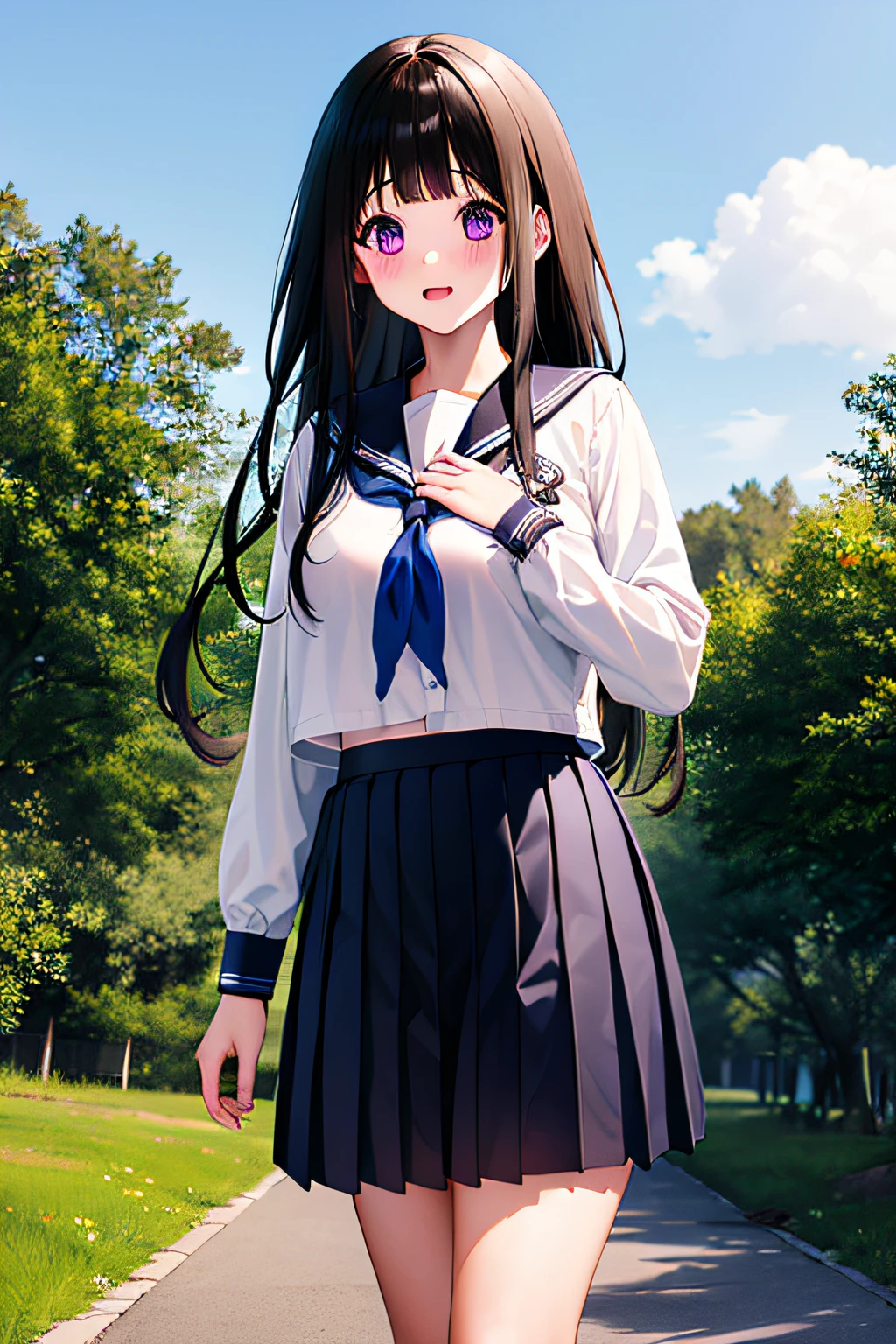 1人の女の子, chitanda eru, 長い髪, 黒髪, 学生服, 紫色の目, 白のシャツ, 白い靴下, プリーツスカート, 前髪, 黒のセーラーカラー, ネッカチーフ, 黒いスカート, 長袖, 屋外, 自分の胸に手を当てる, 恥ずかしい,