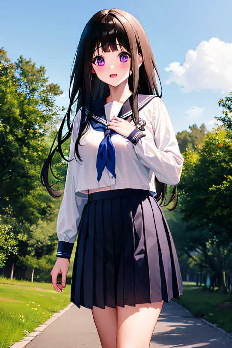 1girl, chitanda eru, long hair, black hair, school uniform, purple eyes, white shirt, white socks, pleated skirt, bangs, black s...