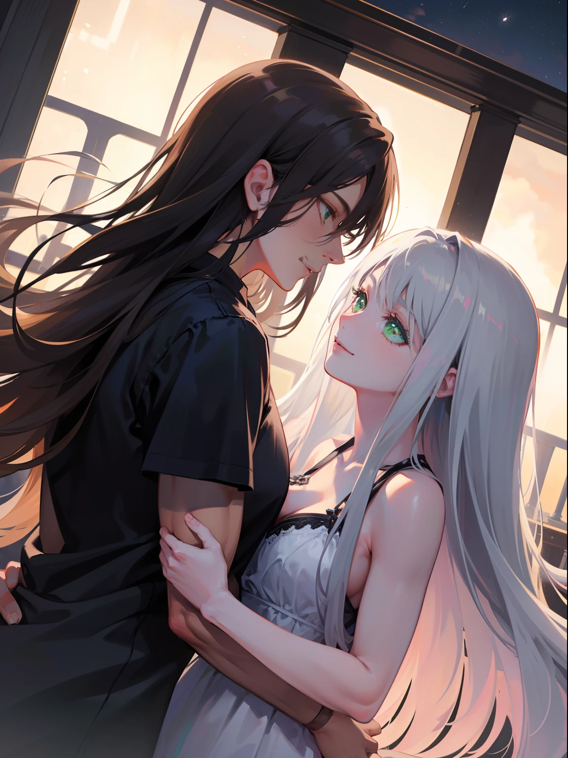 (masterpiece), best quality, ultra high res, sharp focus, ((1 man, 1 woman, couple)), different heights, upper body, medium close up, dutch angle, embraces each other closely, (at the beautiful night time:1.2), in the romantic balcony, look at each other, smiles to each other

Sephiroth, male, tall, silver white hair, long hair, (perfect muscular body, perfect masculine face:1.2), ((perfect shape eyes, green cat eyes))

female, short, chestnut brown hair, short hair, (perfect feminine face, perfect hourglass body:1.2), ((perfect shape eyes, green eyes))