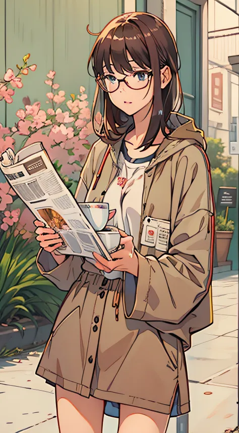 girl wearing comfortable clothes freely. a cup of coffee in one hand, a tab reading the news in the other,