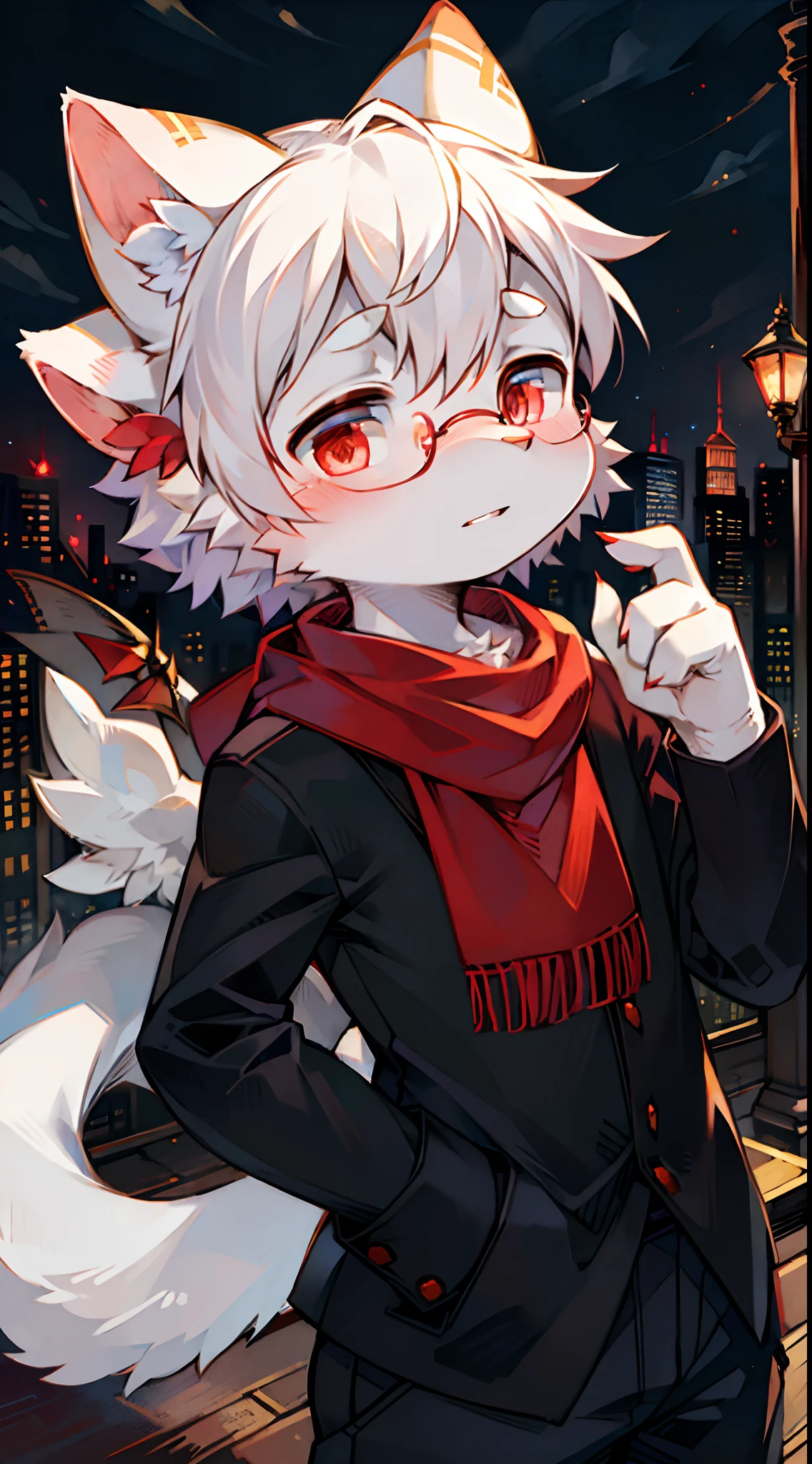 Highest image quality，Delicate painting style，Delicate hook lines，tmasterpiece，Fine fine skin，Delicate hair，Complete painting，A masterpiece，Delicate hands，finely-detailed eyes，Normal eyes，White cat ears，Black-framed round glasses，red color eyes，Handsome，（（White scarf）），Cat style，shota，Blue pupil, city night scene, Red crystal wings, Dappled light and shadow, boy，There are bright eyes of God。, Crystal fragments in the air, City，White fur