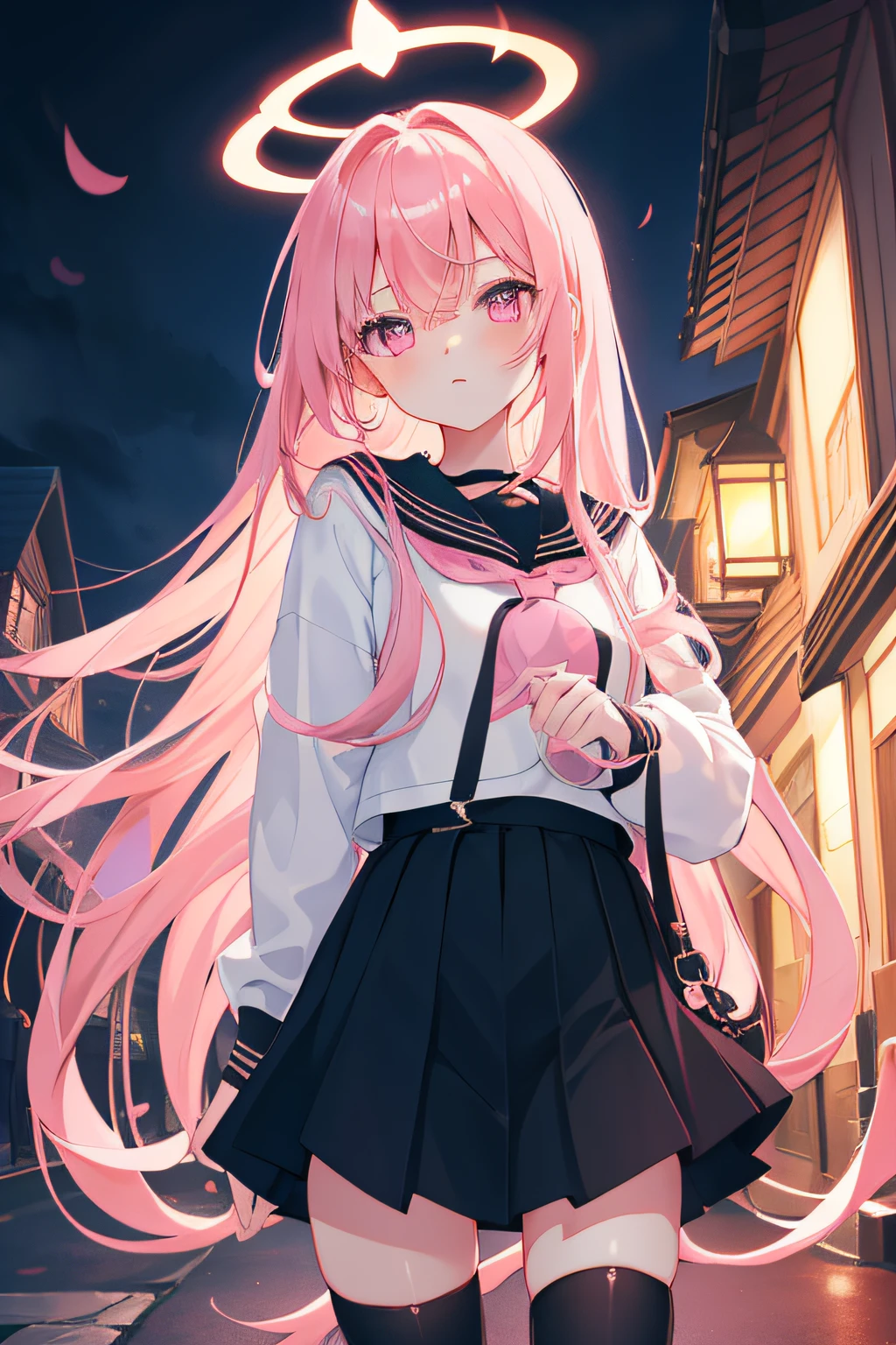 dreamy, A beautiful girl, anime style girl, pink eyes, long pink hair, straight hair, wearing black sailor suit, long sleeves, black skirt, black stockings, angle ring, pink, and black, holding lantern, in front of an old houses, scary, dark, in night