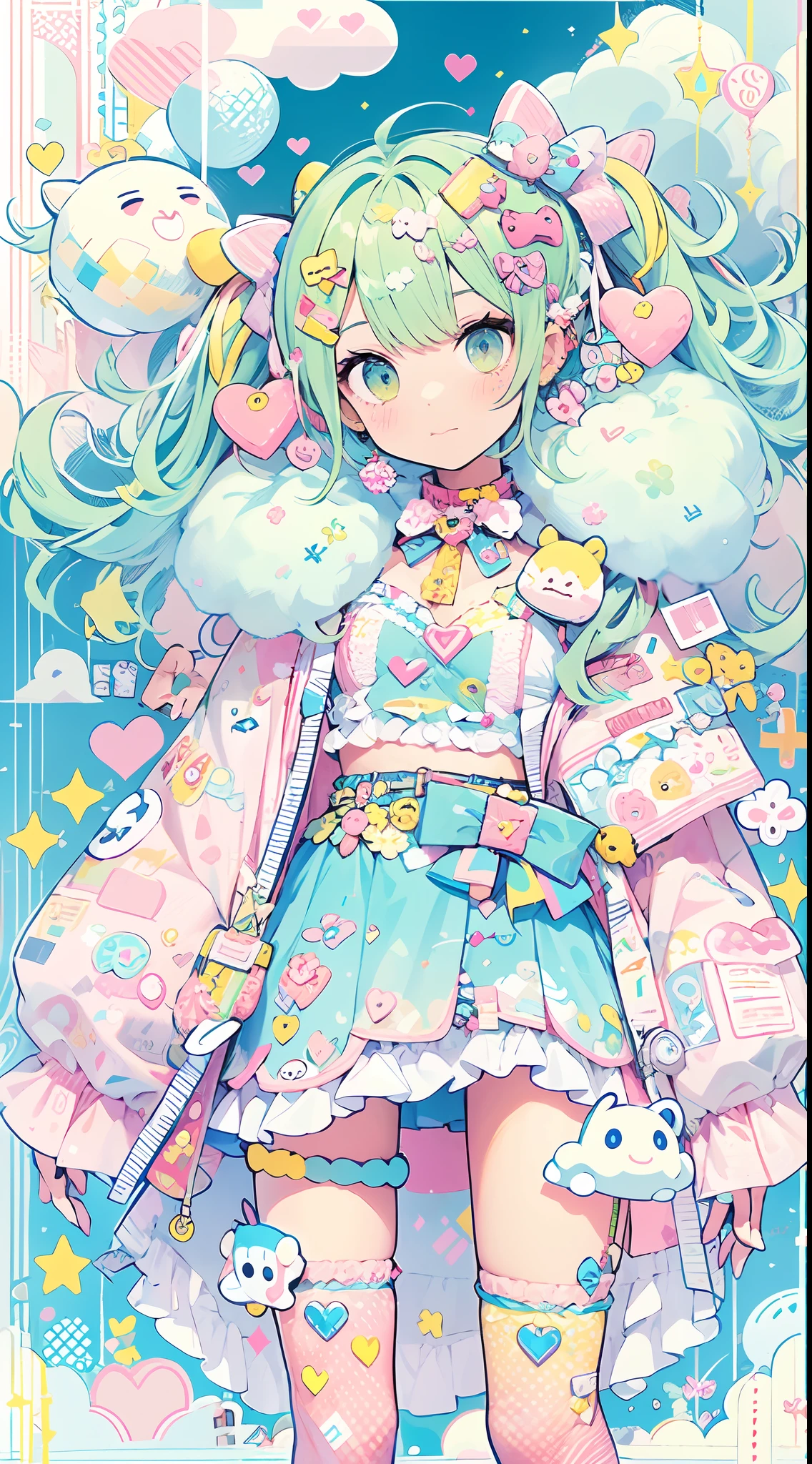 "kawaii, cute, adorable girl with pink, yellow, and baby blue color scheme. She is dressed in sky-themed clothes made out of clouds and sky motifs. Her outfit is fluffy and soft, with decora accessories like hairclips. She embodies the vibrant and trendy Harajuku fashion style."