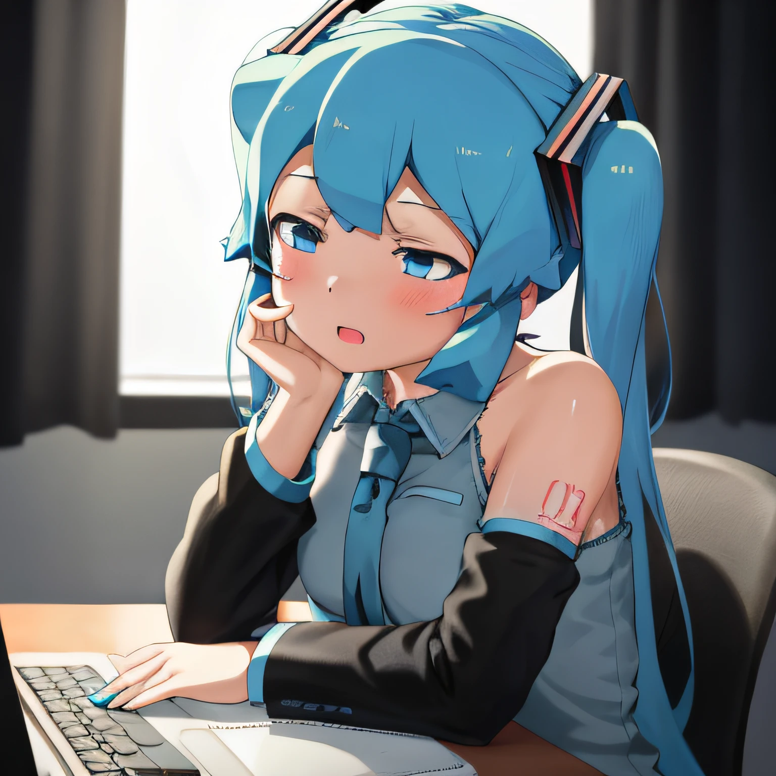 obra maestra, best_quality, 1girl, solo, abmayo, hatsune miku, fondo, escritorio, computadora, noche