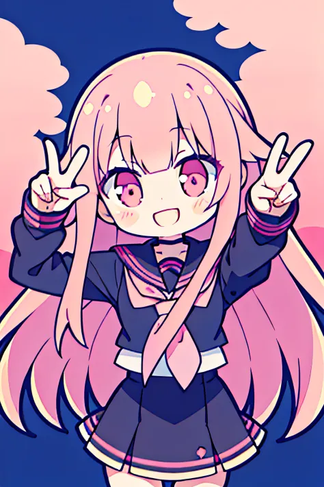 masterpiece, high quality, dreamy, A beautiful girl, anime style girl, pink eyes, long pink hair, straight hair, wearing black sailor uniform, smiling, Making a V sign with hands, jumping, bright