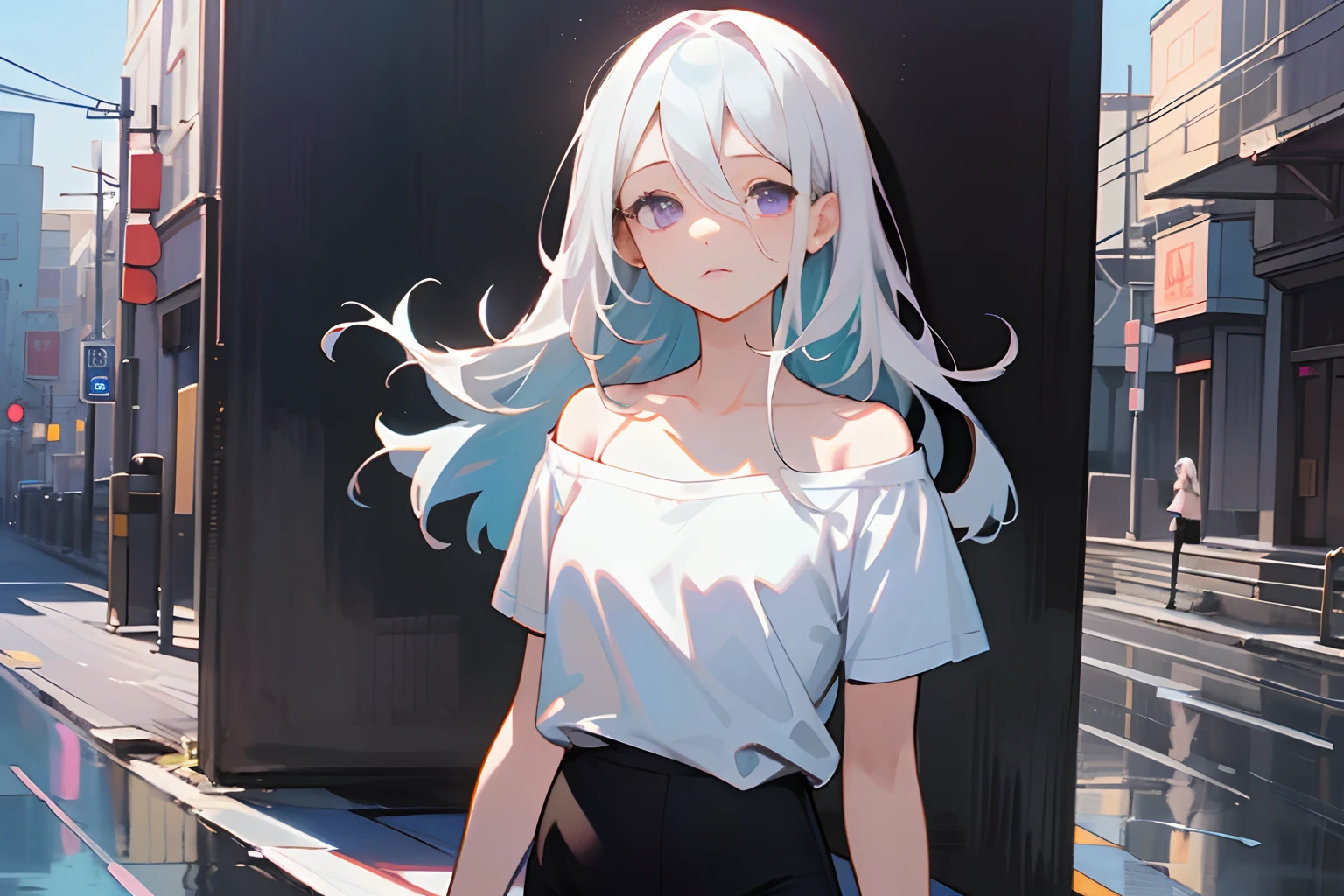 ((a woman)), sexy figure, ((white round neck off-the-shoulder T-shirt: 1.2)), ((shoulder-length white hair: 1.21)), ((purple eyes)), ((thin eyes))(((black leggings: 1.21))), (very delicate and beautiful), ((night: 1.5)), ((walking on the road: 1.21)), (Masterpiece: 1.21), (Best Quality: 1.331), (Super Detailed), ((Excellent Illustration)), ((Delicate Face: 1.3)) (Anime Style: 1.3), Expressionless, Animme, (Reflection Light), ray tracing, Canon, anatomically correct, UHD, retina, super detail, high details, best quality, （（highres））, masterpiece, ccurate