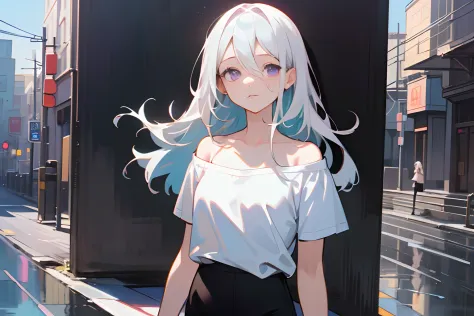 ((a woman)), sexy figure, ((white round neck off-the-shoulder T-shirt: 1.2)), ((shoulder-length white hair: 1.21)), ((purple eyes)), ((thin eyes))(((black leggings: 1.21))), (very delicate and beautiful), ((night: 1.5)), ((walking on the road: 1.21)), (Mas...