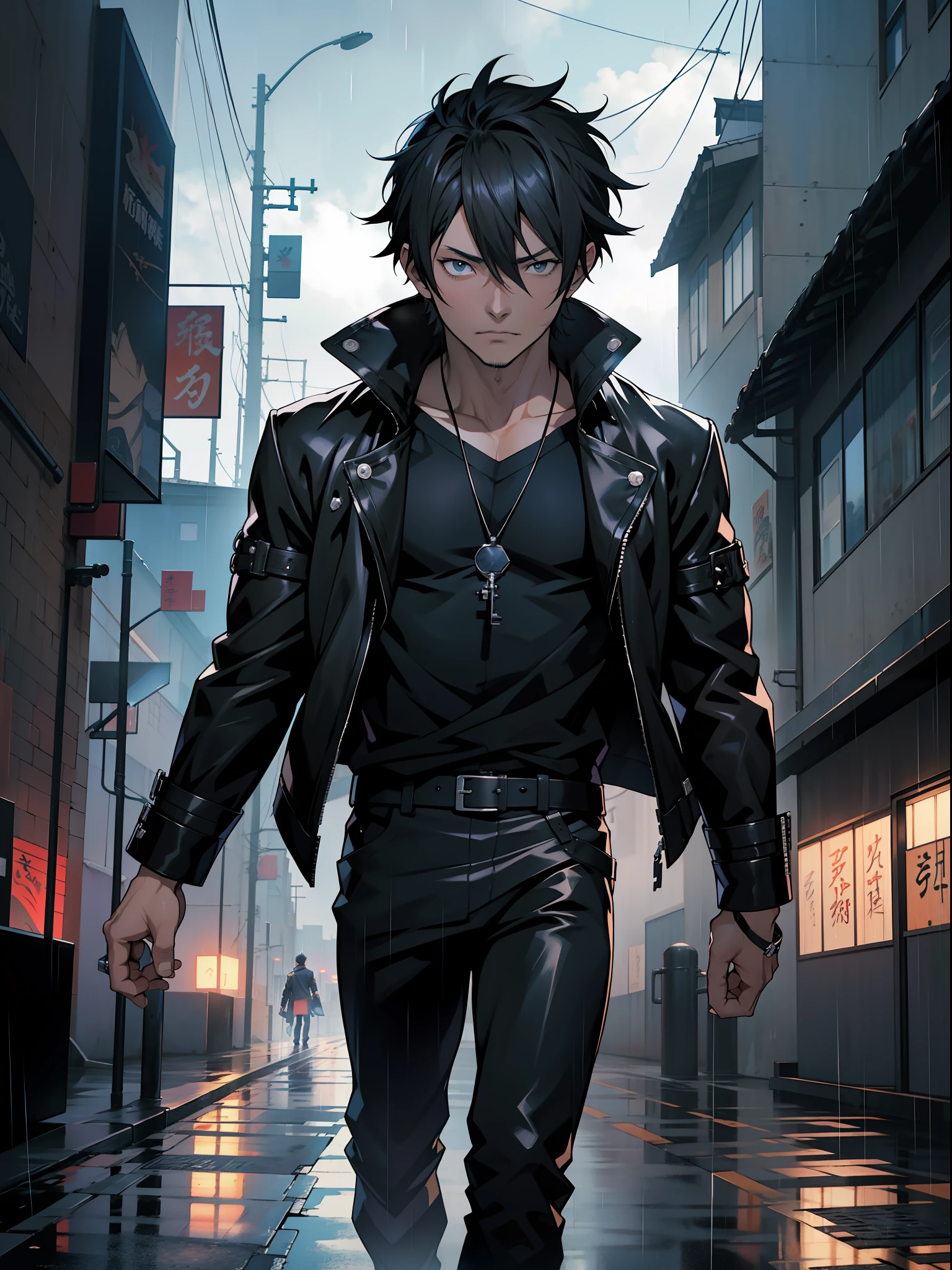 Anime guy walking down a street in a black leather jacket - SeaArt AI