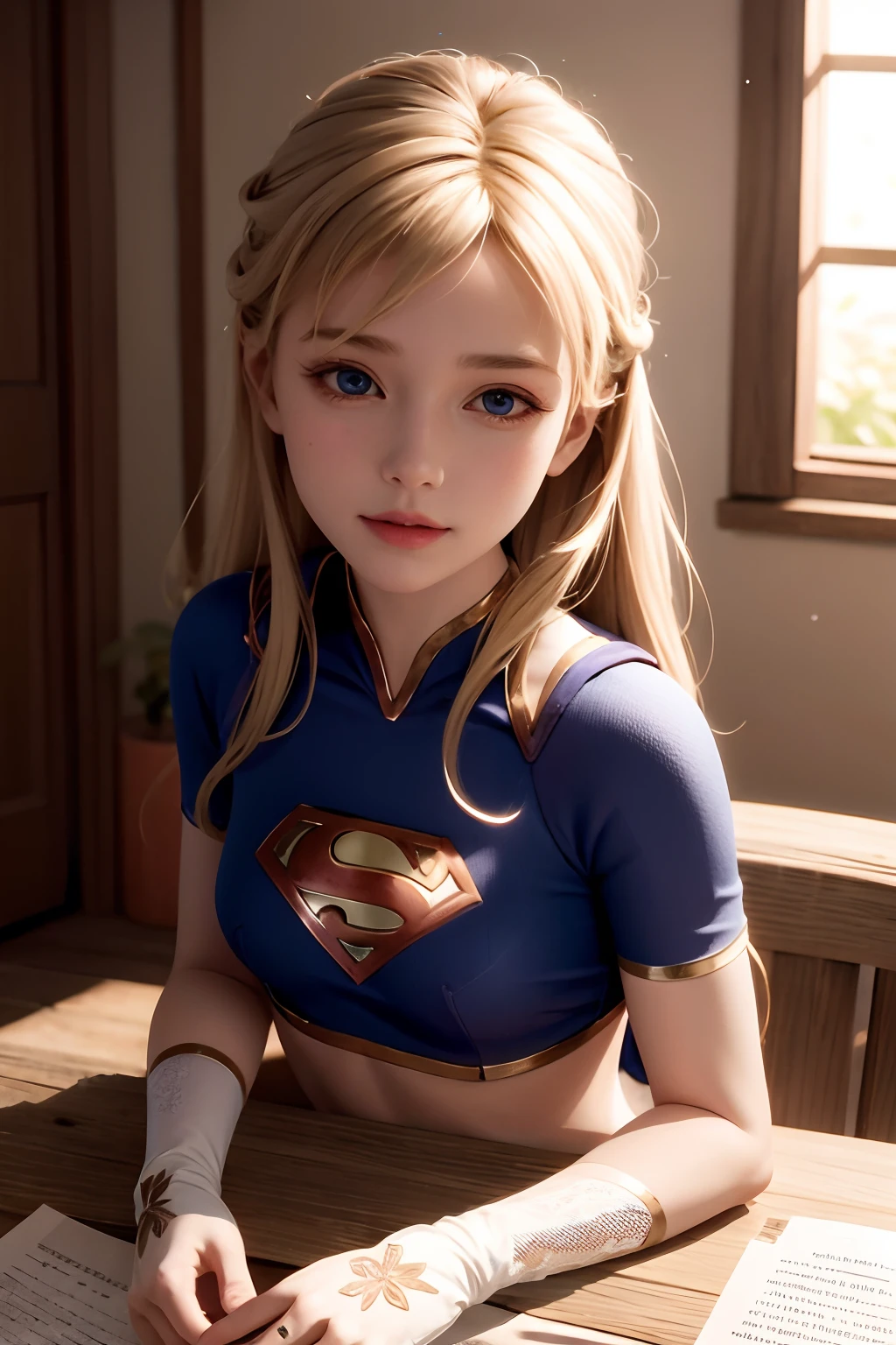 8k, real picture, intricate details, ultra-detailed,(photorealistic), 
Supergirl, long blonde hair, midair, flying hairband, \(white\) crop top, short sleeves, cape, blue pencil skirt, gloves, boots BREAK 
detailed (wrinkles, folds!, viens, skin imperfections:0.1),
finely detailed beautiful eyes, close-up, small eyes, look at viewer,