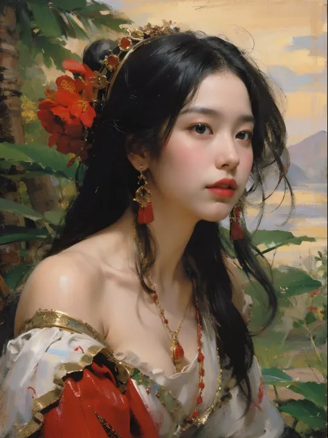 best qualtiy，tmasterpiece，（oil painted：1.5），A woman with long black hair，exquisite facial features，head gear，Sit in front of a Chinese landscape painting，Red dress，（Amy Saul：0.248），（Stanley Ategg Liu：0.106），（a detailed painting：0.353），（Renaissance classica...