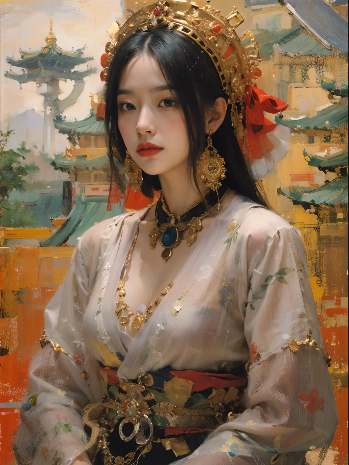 best qualtiy，tmasterpiece，（oil painted：1.5），A woman with long black hair，Exquisite facial features，head gear，Sit in front of a Chinese landscape painting，Red dress，（Amy Saul：0.248），（Stanley Ategg Liu：0.106），（a detailed painting：0.353），（Renaissance classical oil painting style：0.8）