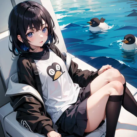 anime, girl, 16 years old, penguin themed outfit, black hair