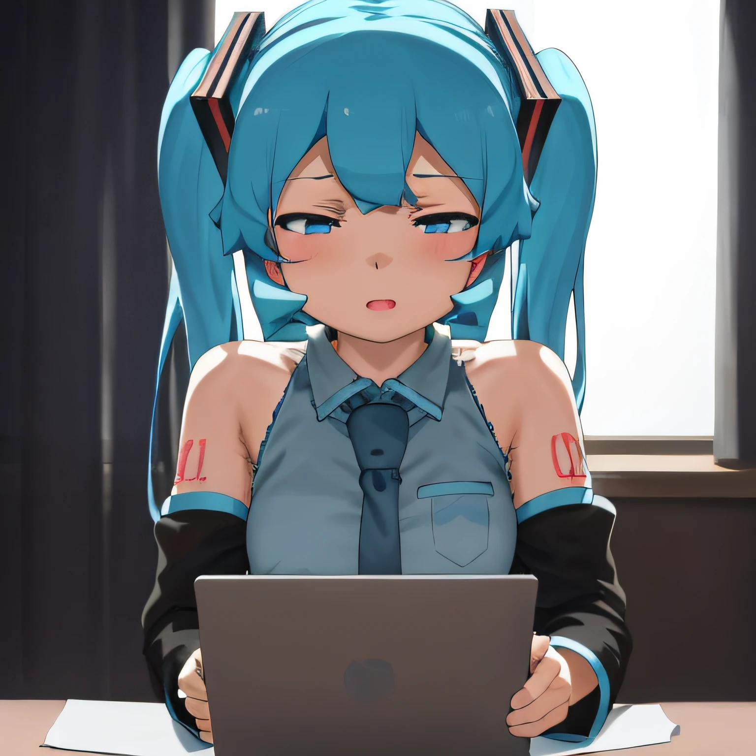 obra maestra, best_quality, 1girl, solo, abmayo, hatsune miku, fondo, escritorio, computadora, noche