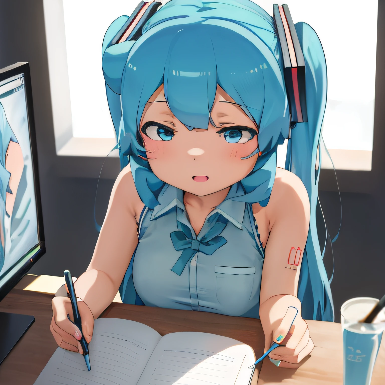 Meisterwerk, best_Qualität, 1 Mädchen, Allein, Abonnieren, hatsune miku, unten, Schreibtisch, Computer, noche