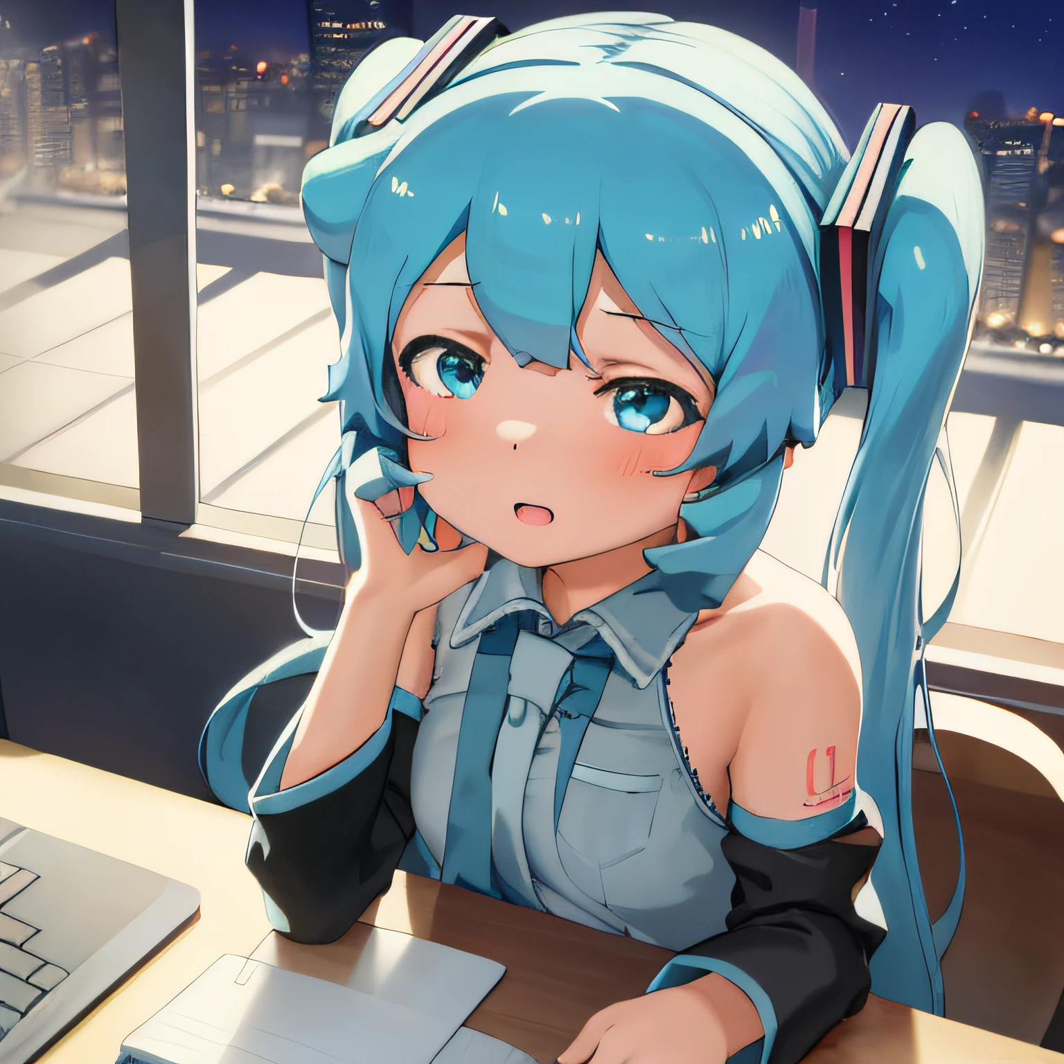 chef-d&#39;œuvre, meilleur_qualité, 1fille, seulement, abmayo, Hatsune Miku, bas, bureau, ordinateur, Nuit