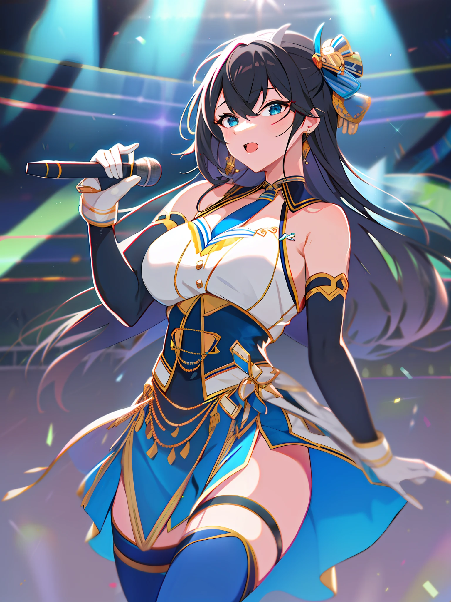 UHD, super detail, anatomically correct, textured skin, high details, best quality, highres, 16k,SOLO,(1 girl，idol,with the microphone),on_stage, stage_lights，