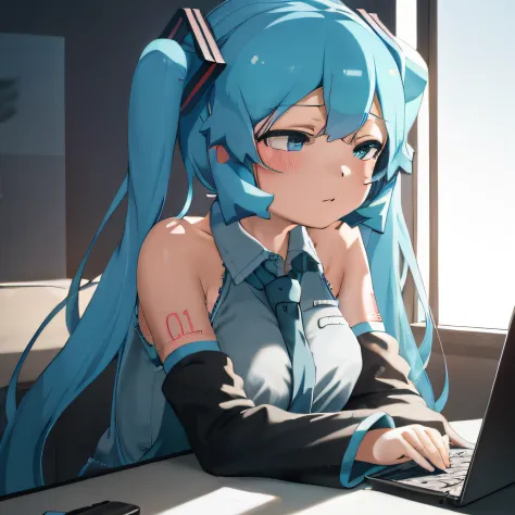 obra maestra, best_quality, 1girl, solo, abmayo, hatsune miku, fondo, escritorio, computadora, noche