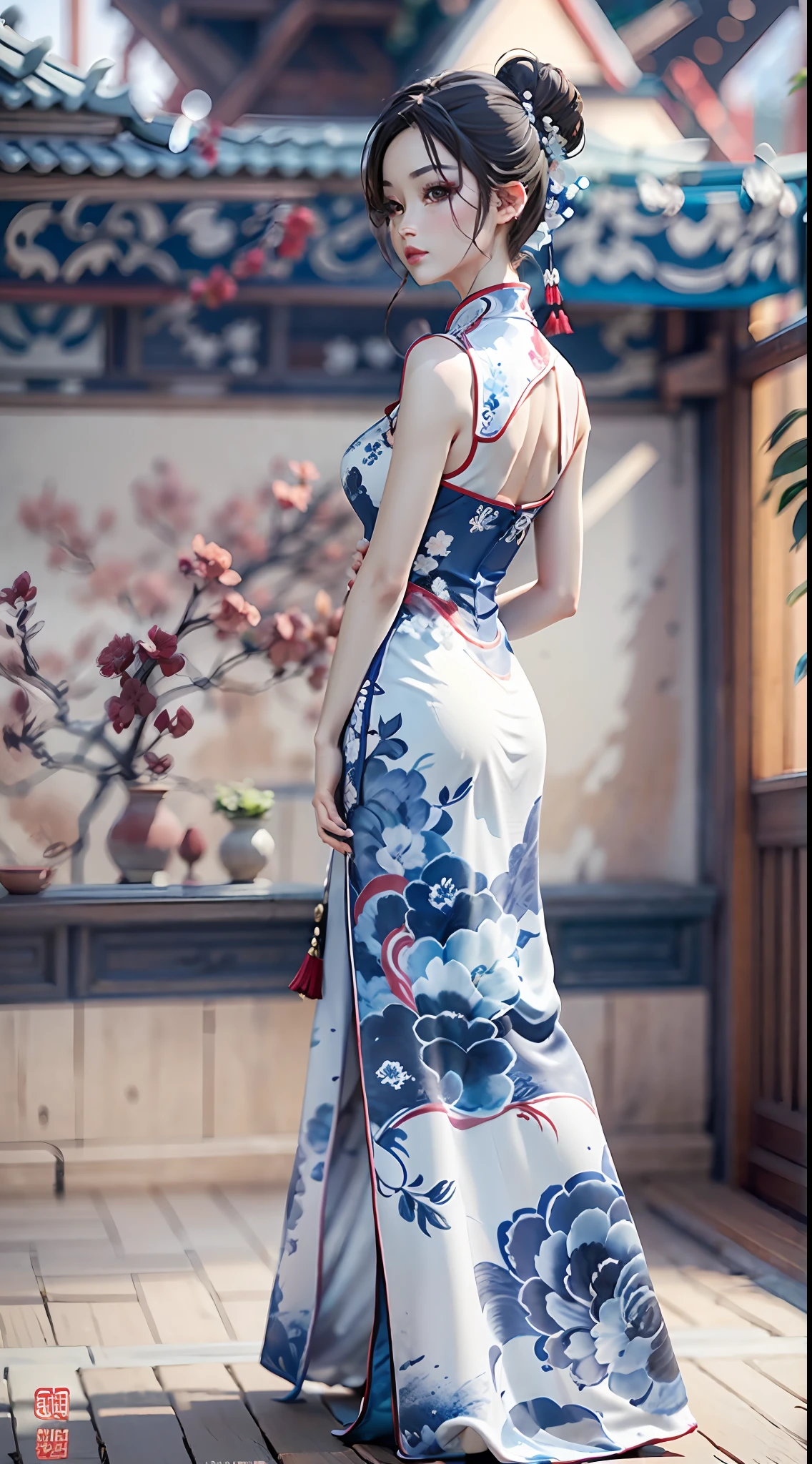 Ink wind，ink，water ink，Smudge，（Blue and white porcelain style：1.5），Jingdezhen porcelain，（Cheongsam beauty：1.4），A half body，closeup cleavage，The eyes are sharply focused，Modern cheongsam，high-heels，the setting sun，Blue and white porcelain，Ancient buildings are scattered，Works of masters，super-fine，high qulity，8K resolution