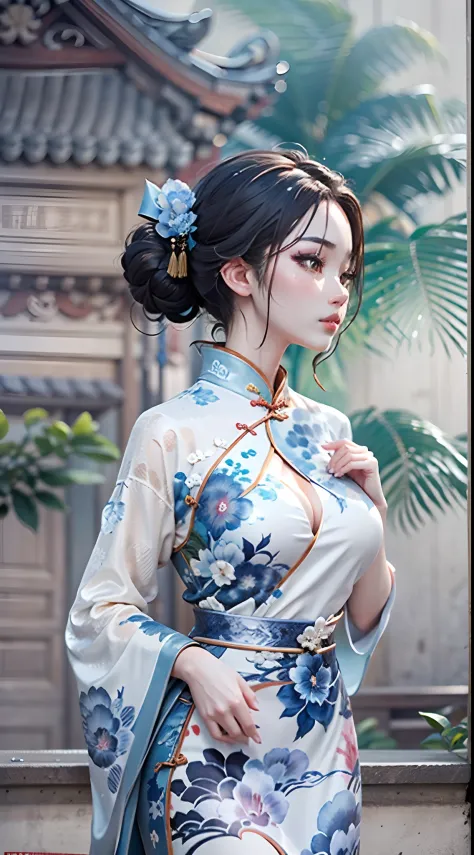 Ink wind，ink，water ink，Smudge，（Blue and white porcelain style：1.5），Jingdezhen porcelain，（Cheongsam beauty：1.4），A half body，closeup cleavage，The eyes are sharply focused，Modern cheongsam，high-heels，the setting sun，Blue and white porcelain，Ancient buildings ...