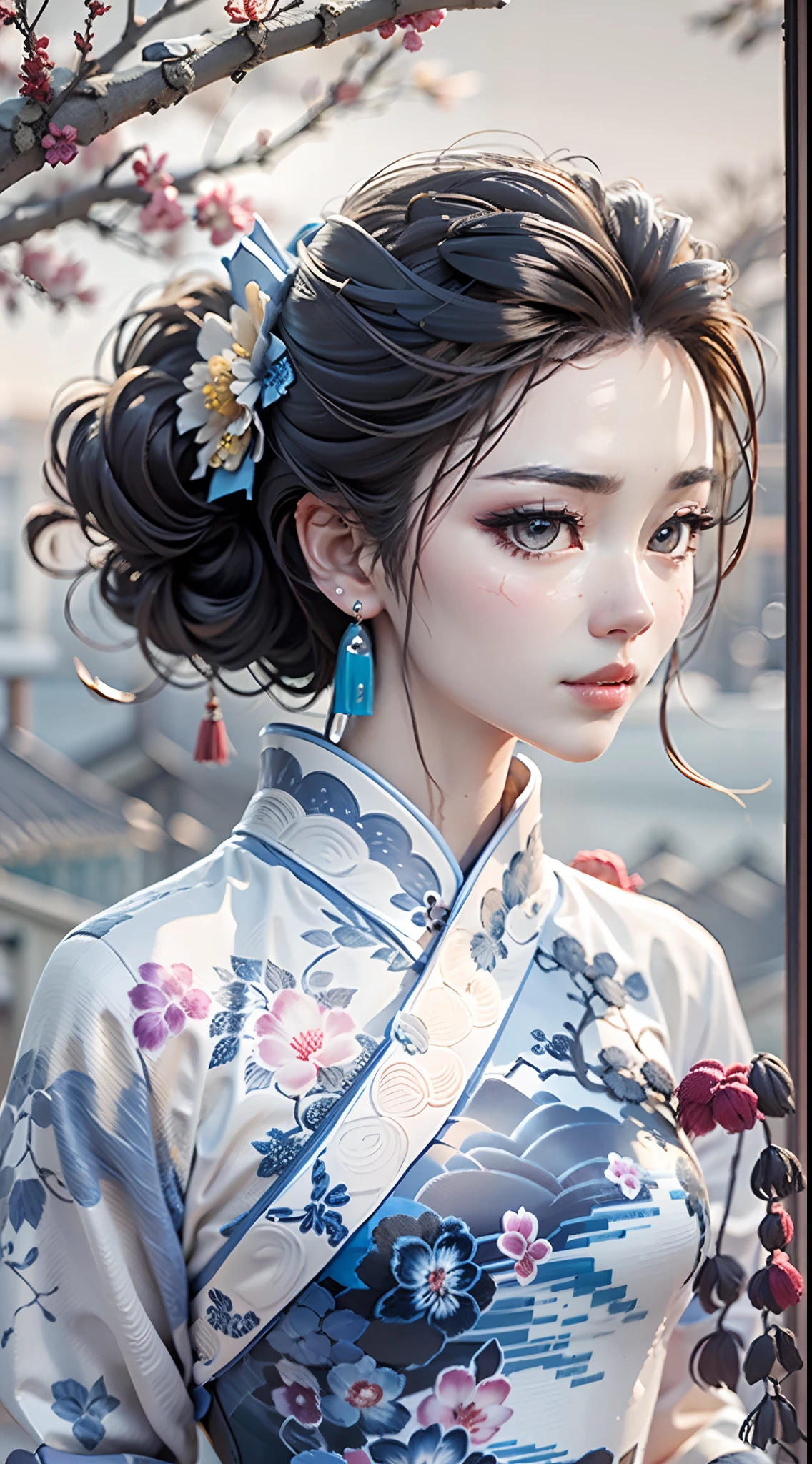 Ink wind，ink，water ink，Smudge，（Blue and white porcelain style：1.5），Jingdezhen porcelain，（Cheongsam beauty：1.4），A half body，closeup cleavage，The eyes are sharply focused，Modern cheongsam，high-heels，the setting sun，Blue and white porcelain，Ancient buildings are scattered，Works of masters，super-fine，high qulity，8K分辨率