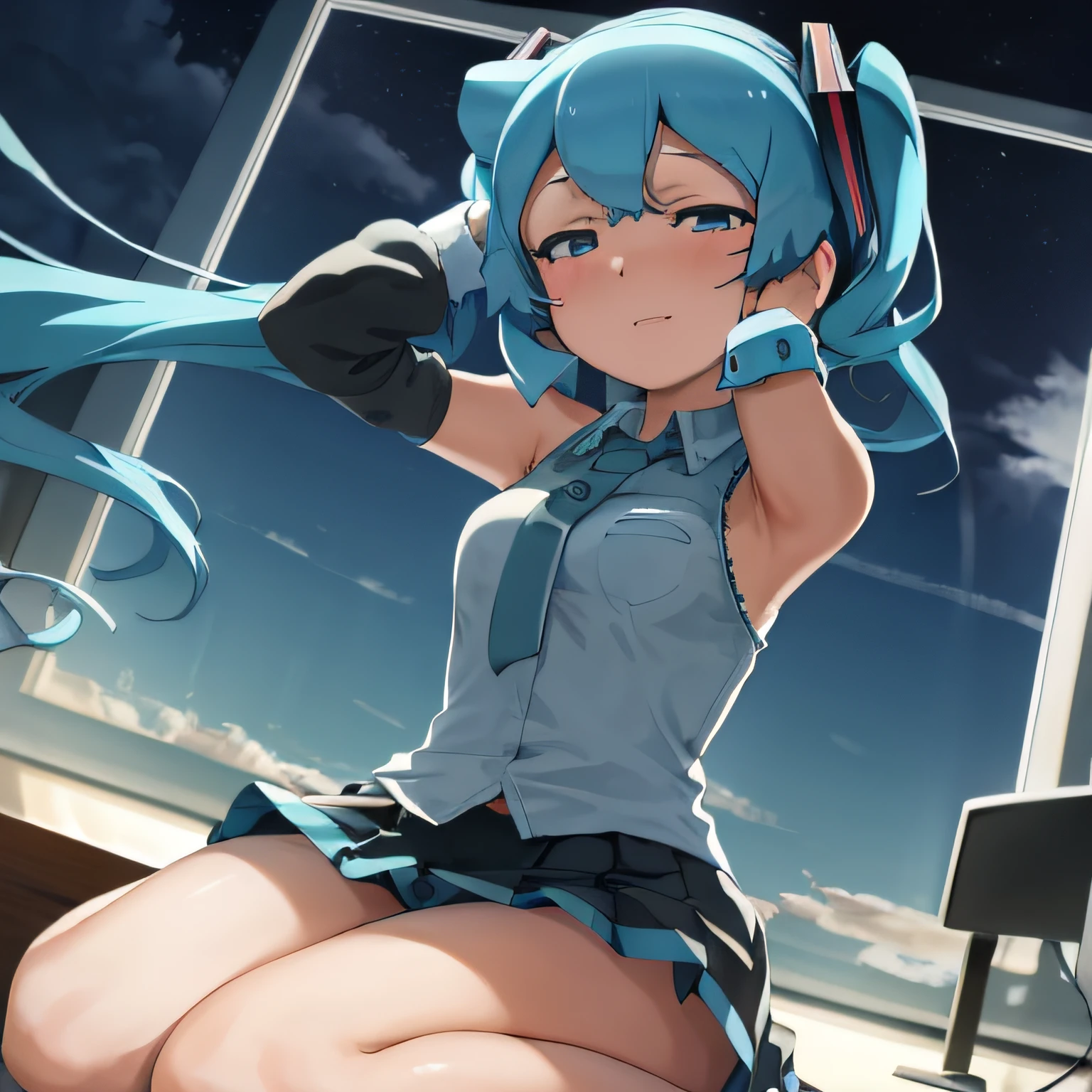 傑作, 最高_品質, 1人の女の子, 一人で, アブマヨ, Hatsune Miku, 底, 机, コンピューター, 夕方