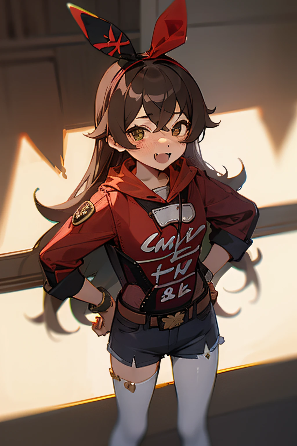 fake animal ears, light smile, ear blush, fang, Surrealism, drop shadow, anaglyph, stereogram, tachi-e, pov, atmospheric perspective,casual wear,putting on blue jeans shorts with belt 8k, super detail, ccurate, best quality