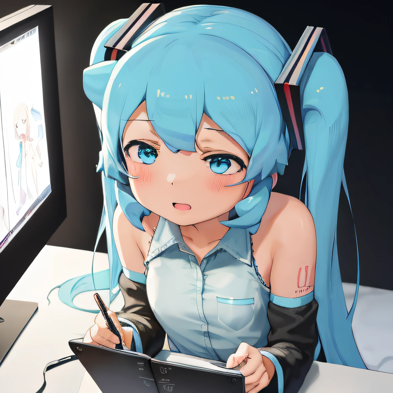 obra maestra, best_quality, 1girl, solo, abmayo, hatsune miku, fondo, escritorio, computadora, noche