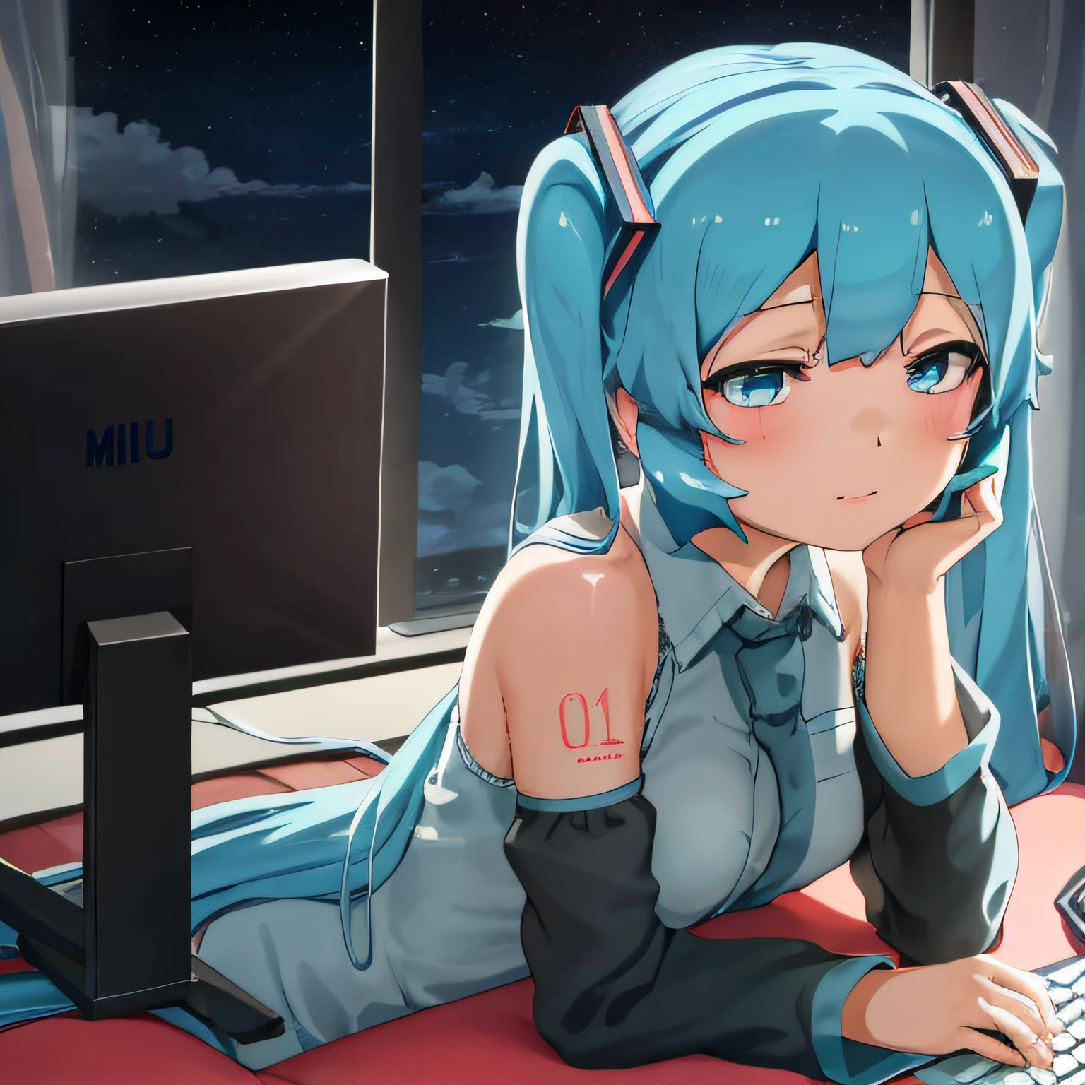 chef-d&#39;œuvre, meilleur_qualité, 1fille, seulement, abmayo, Hatsune Miku, bas, bureau, ordinateur, Nuit