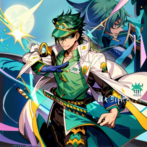 Anime characters with swords and green costumes before the full moon, Official artwork, casimir art, Official anime artwork, high detailed official artwork, hero 2 d fanart artsation, An anime cover, Key anime art, trigger anime artstyle, offcial art, Keqi...
