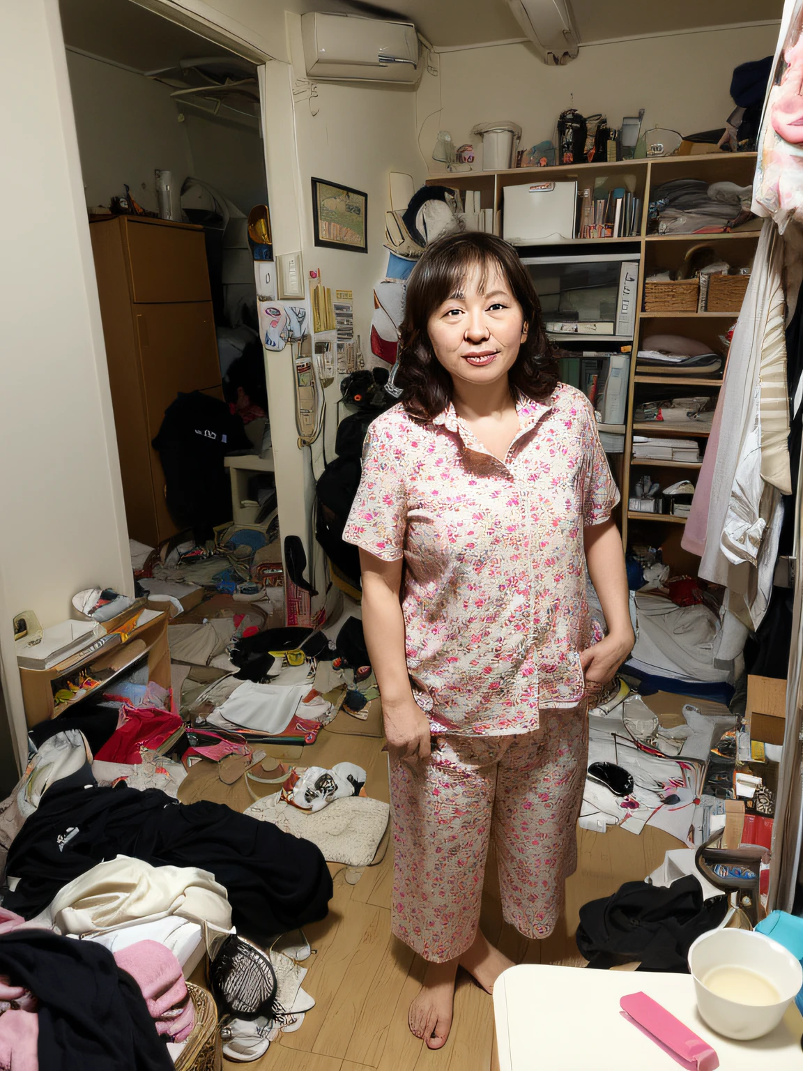 ((Best Quality, 8K, Masterpiece: 1.3)), Sharp Focus, High Quality, High Resolution, Portrait, Solo, Japan Person, Middle Aged Woman, Beauty, 42 Years Old, Plump, Wavy Hair, Bra, Trousers, Wrinkles at the corners of the eyes, Expressionless, Messy room, Messy floor, Extravagance