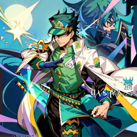 Anime characters with swords and cloaks in blue and green costumes, Jotaro Kujo, casimir art, shirow masamune, high detailed off...