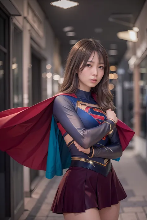 asian women，woman poses for a photo，（wearing supergirl_cosplay_outfit：1.3），mini_skirt，（voluptuous figure：1.2），（fighting posture：...