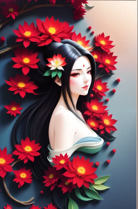 anime brunette girl with red flowers on her head，gorgeous digital art style，beautiful digital anime art，premium anime digital ar...