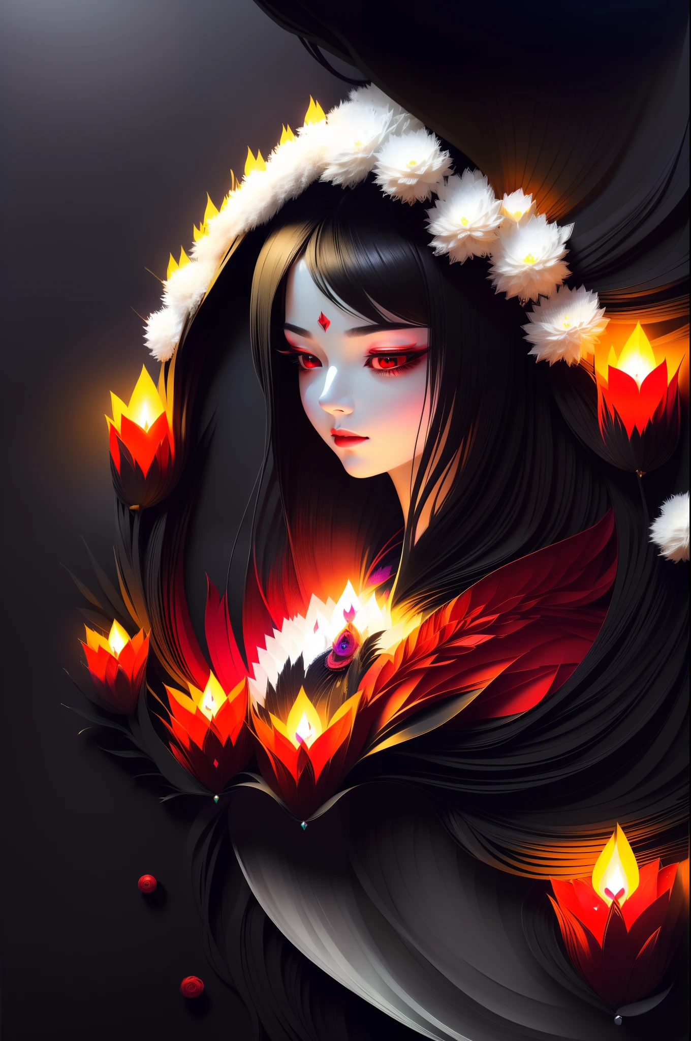 (The quality of the masterpiece, high-resolution details, Bust pose of red-eyed magical girl in a dark cave，Dark background:1.4，Solo，akemi homura，Black hair like a waterfall，ribbon-trimmed skirt，Lower eyelashes，shairband，Mysterious light,ln the forest)