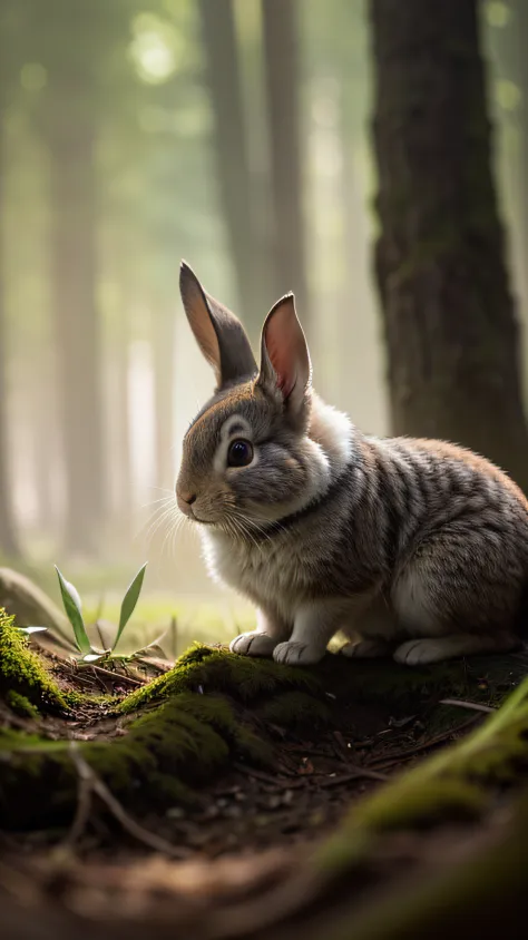 close up photo of a rabbit, forest, haze, halation, bloom, dramatic atmosphere, centred, rule of thirds, 200mm 1.4f macro shot, ...