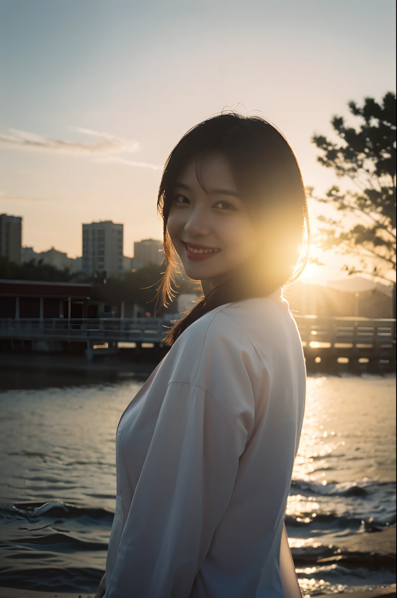 Best quality,Masterpiece,Ultra-high resolution,(Realisticity:1.4),Original photo,Cinematic lighting,,1girll,Smile,back lit lighting,Sunset,