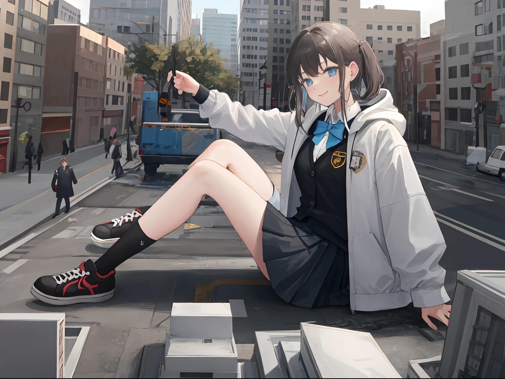 1girl, Two legs, Two hands, Bigger than the building, Black hair, blue eyes, bangs, suit, black tie, Black pleated skirt, Black socks, Sneakers, White jacket, Animal hood, Open jacket, school uniform, puffy long sleeves, sitting, Smile, Naughty, Anatomically correct, Textured skin, GTSCity, destroyed buildings, city model,