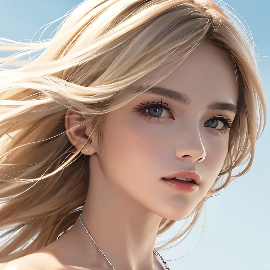 (8K, RAW Photos, of the highest quality, Masterpieces: 1.2), (Realistic, Photorealistic: 1.37), Highest Quality, Ultra High Resolution, light  leaks, Dynamic lighting, Slim and smooth skin, (Full body:1.3), (Soft Saturation: 1.6), (Fair skin: 1.2), (Glossy skin: 1.1), Oiled skin, 22 years old, Night, shiny white blonde, Well-formed, Hair fluttering in the wind, Close-up shot of face only, Physically Based Rendering, From multiple angles, The bikini