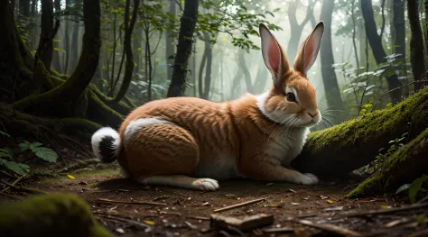 Rabbit sleeping in the forest，panoramic photo，the rule of thirds，200mm 1.4F macro shooting，（Natural skin texture，ultra-realistic realism，softlighting，sharp：1.2），（complexdetails：1.12 ), hdr,（Complicated details，ultra - detailed：1.15），The art of Greg Rutkows...